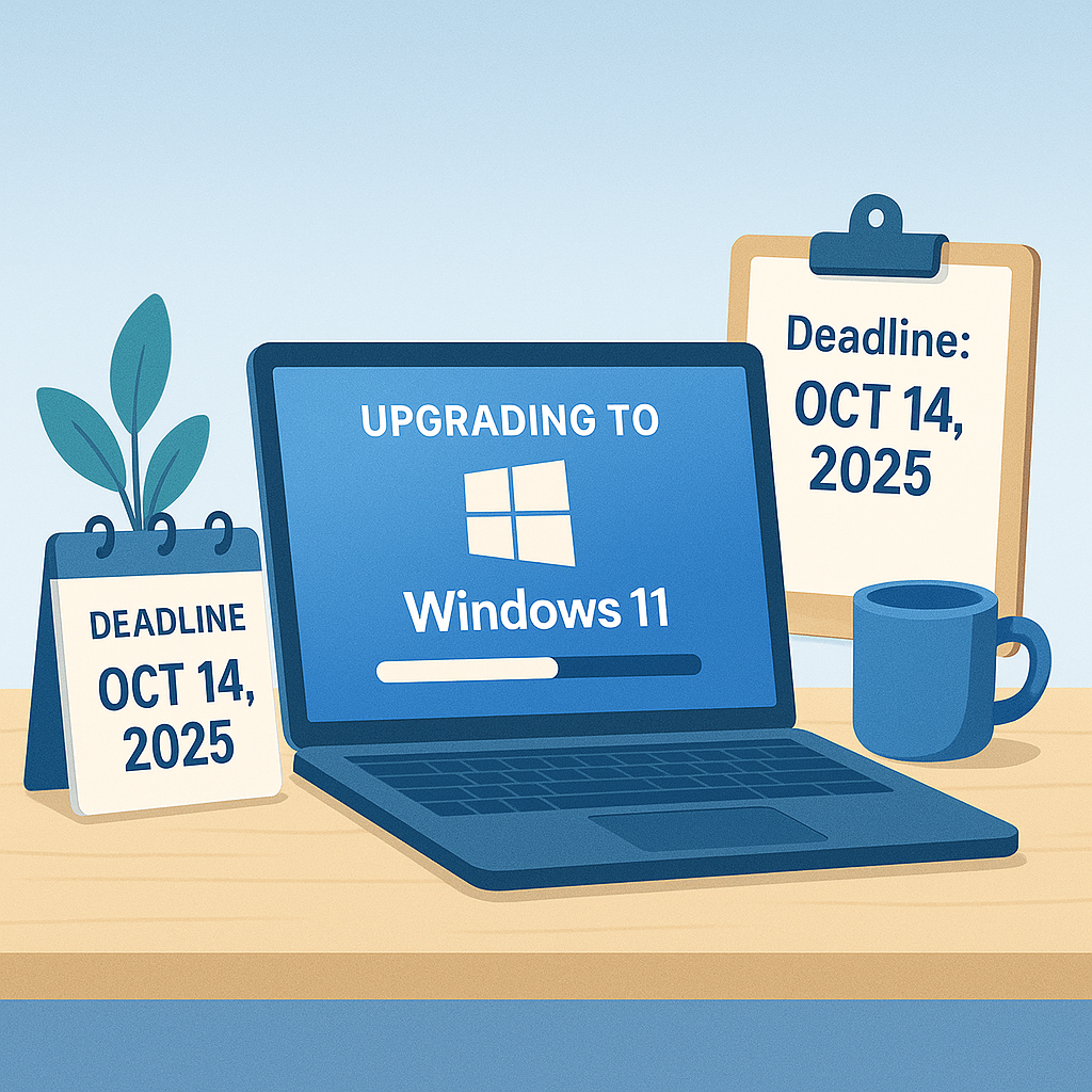 Laptop displaying Windows 11 upgrade screen with Oct 14, 2025 deadline on desk calendars and a coffee mug.